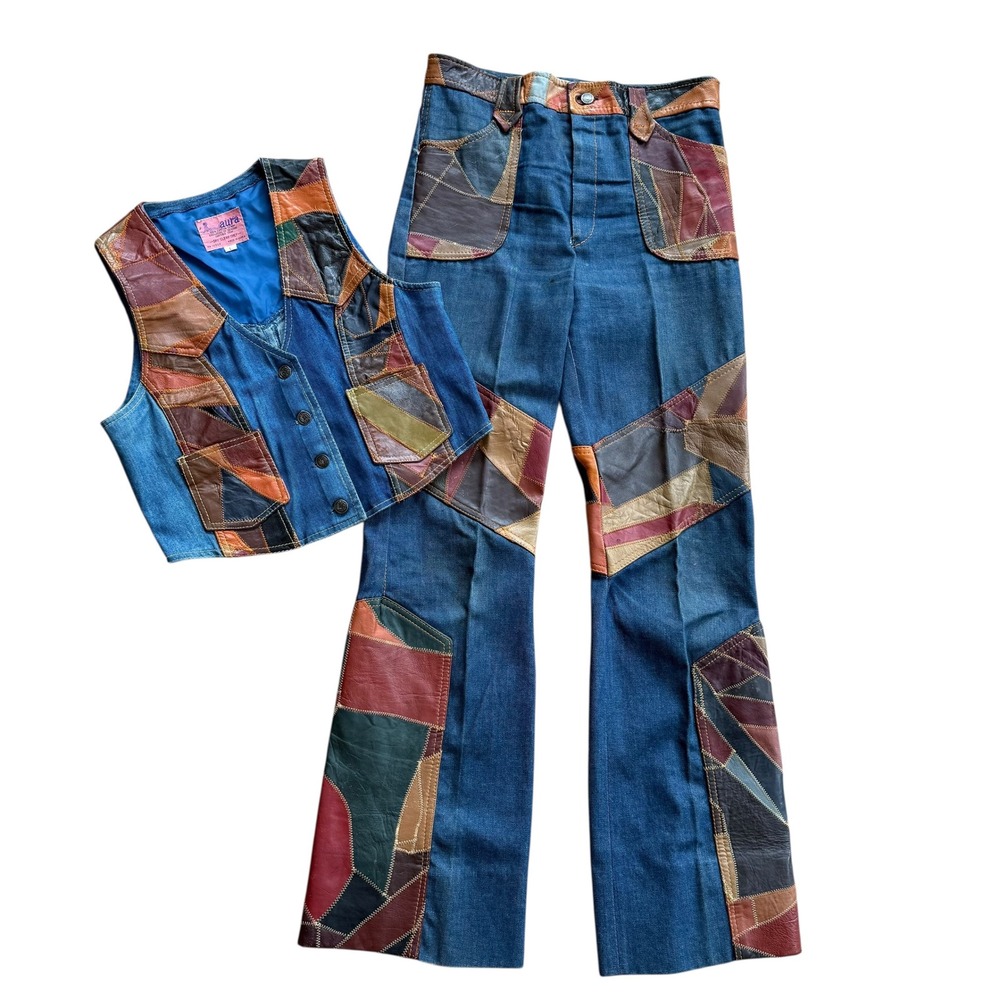 Vintage 70s Aura Rosemary Denim Leather Patchwork‎ Vest & Flare Jeans Set L 32